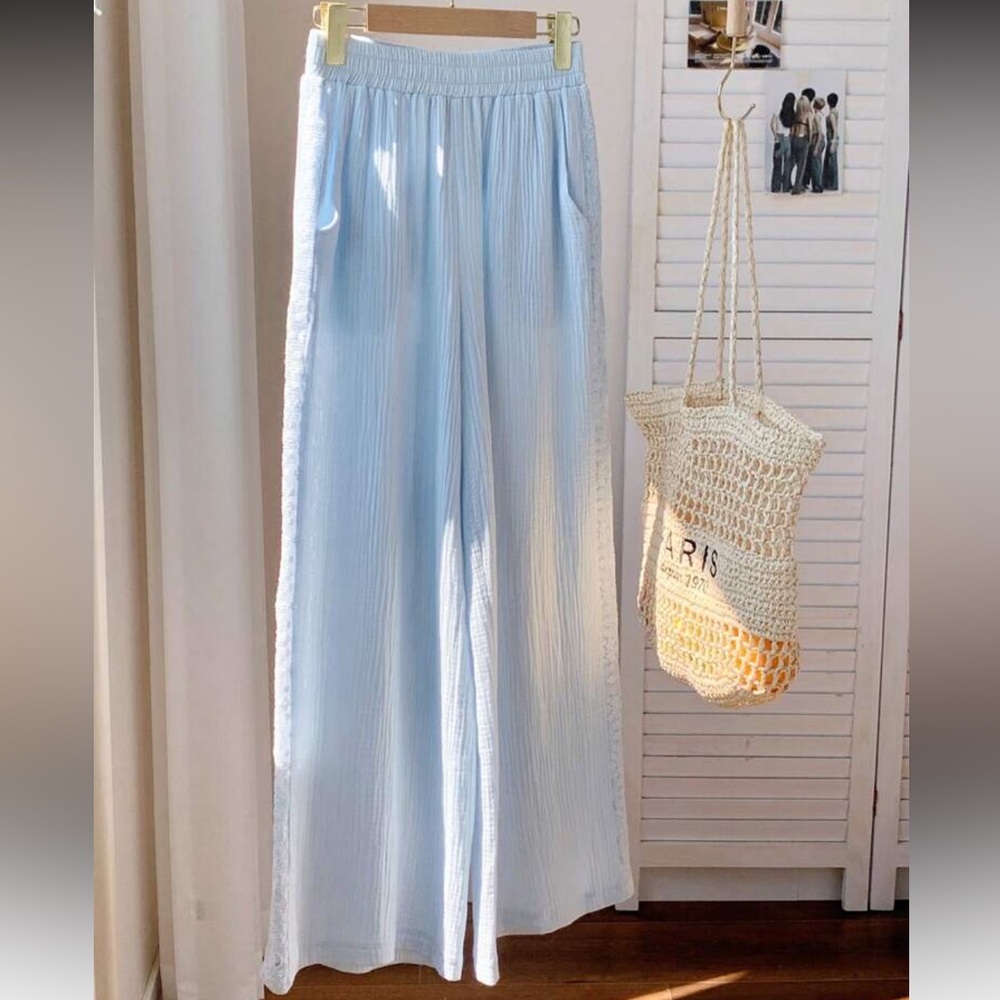 Gauze lace floral sky baby blue pants wide leg pockets boho